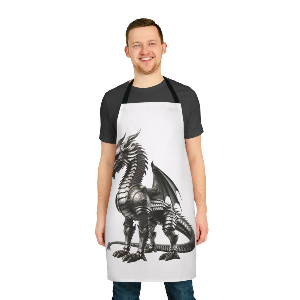 Illustration of a medieval knight's armor with a dragon motif, used as a cooking apron