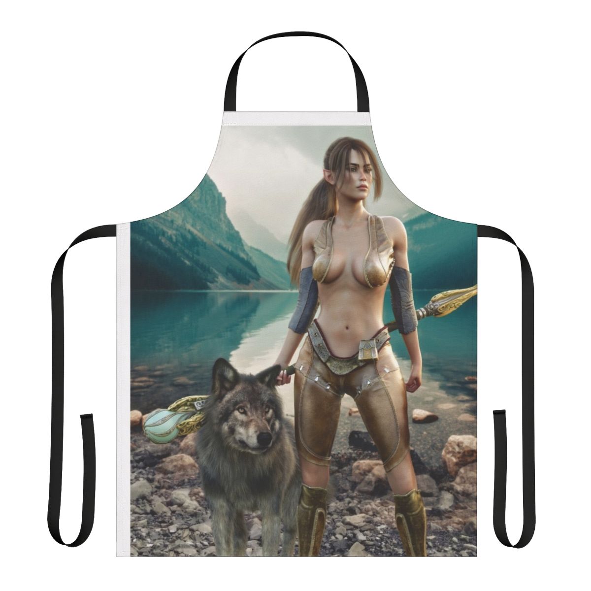 A woman in a fantasy druid outfit with a wolf by her side, wearing a nature-inspired apron.