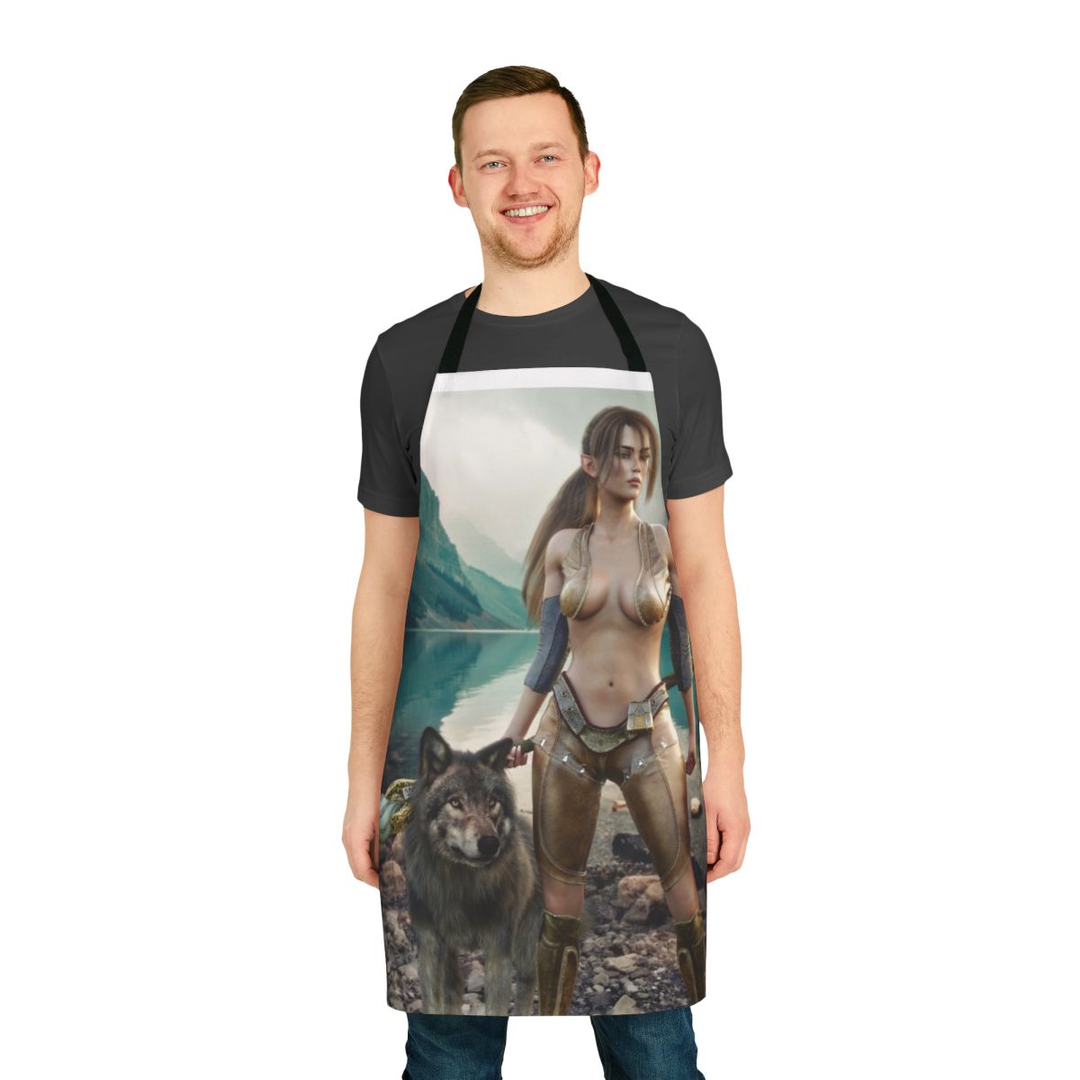 A woman in a fantasy druid outfit with a wolf by her side, wearing a nature-inspired apron.