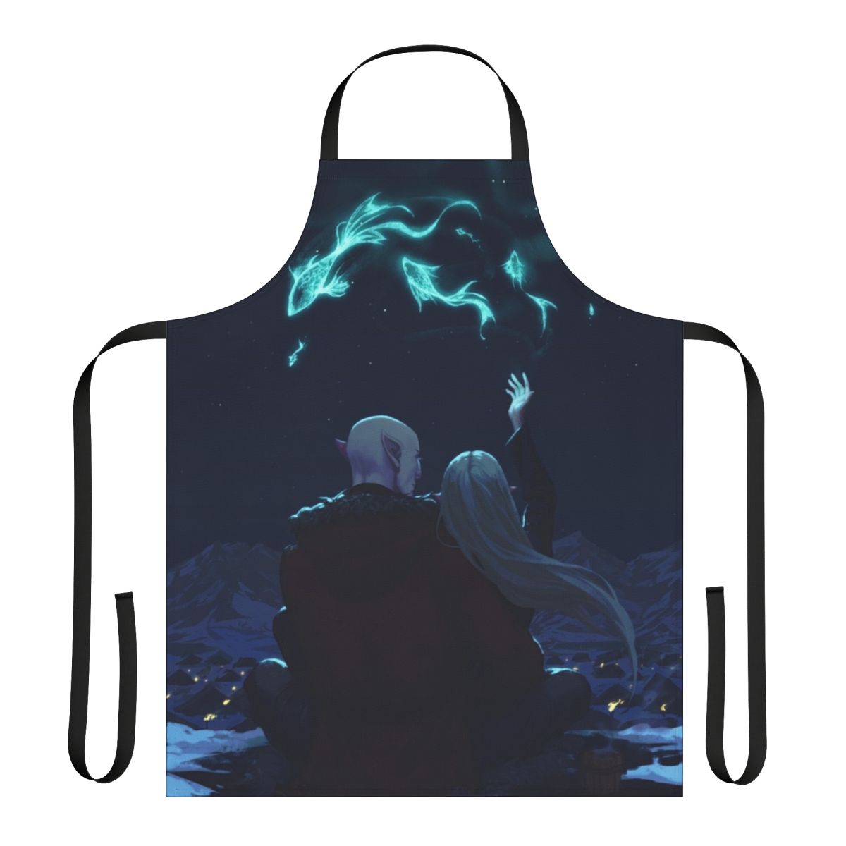 Enchanted fantasy apron featuring characters and symbols from the Dragon Age video game series