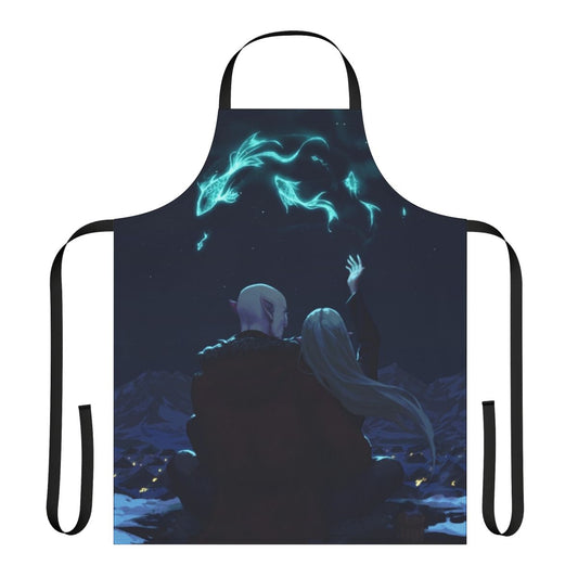 Enchanted fantasy apron featuring characters and symbols from the Dragon Age video game series