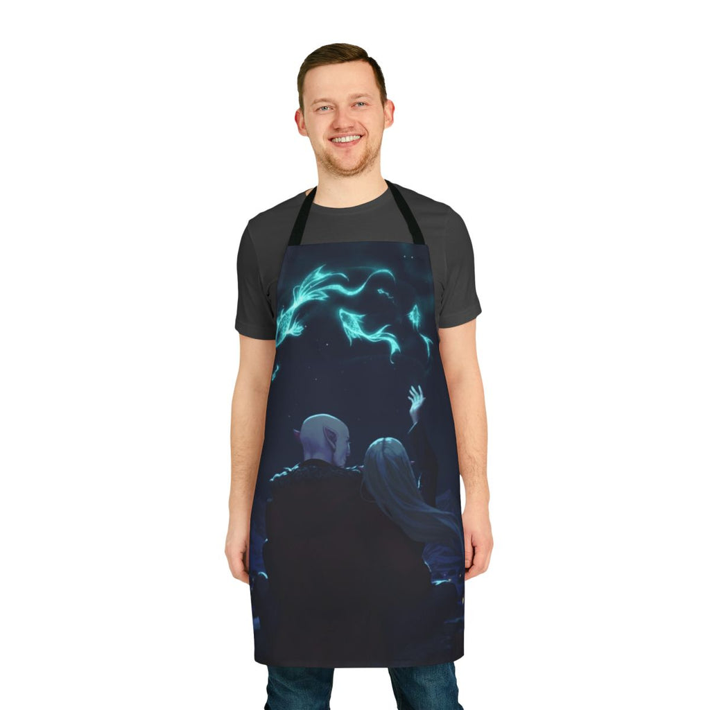 Enchanted fantasy apron featuring characters and symbols from the Dragon Age video game series
