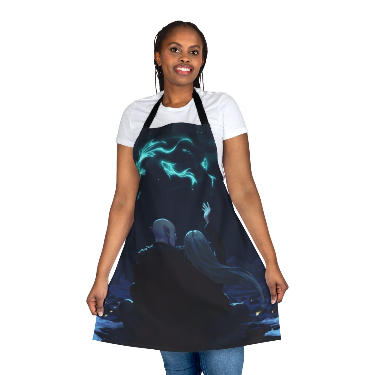 Enchanted fantasy apron featuring characters and symbols from the Dragon Age video game series