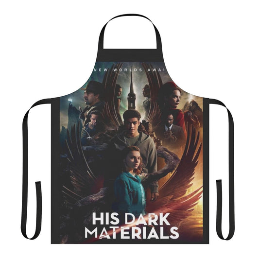 Stylish fantasy-themed apron featuring characters and elements from the "His Dark Materials" series