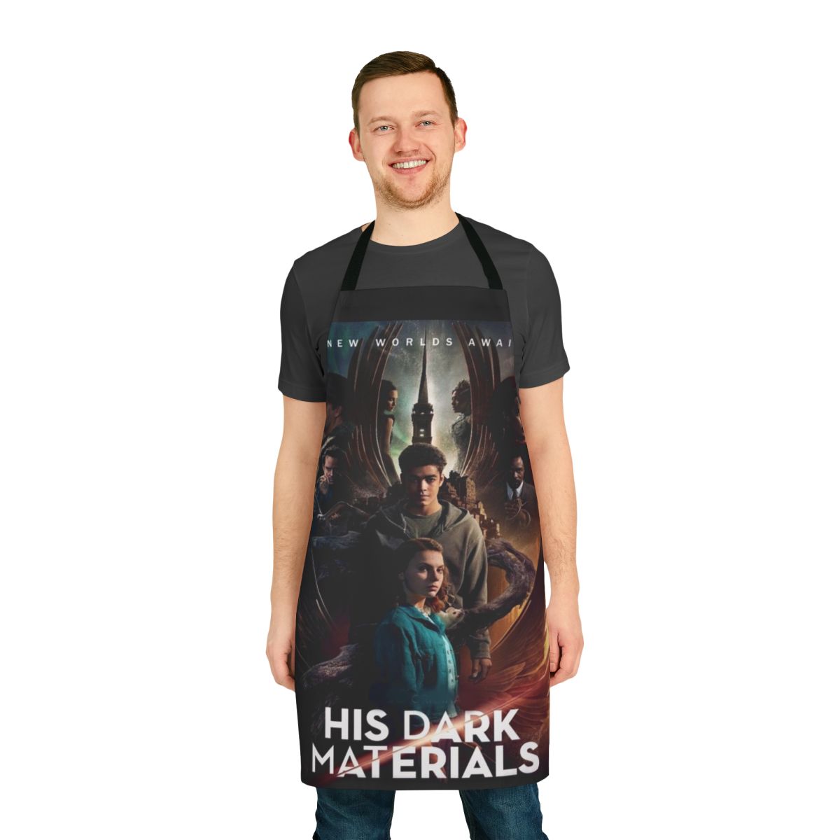 Stylish fantasy-themed apron featuring characters and elements from the "His Dark Materials" series