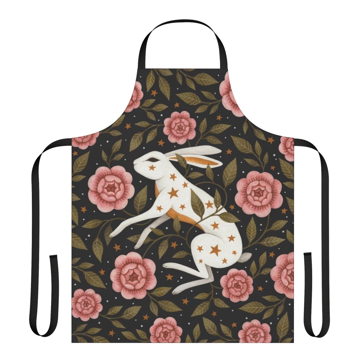 An enchanted apron featuring a dark, mystical floral pattern with bunnies, stars, and nature elements.