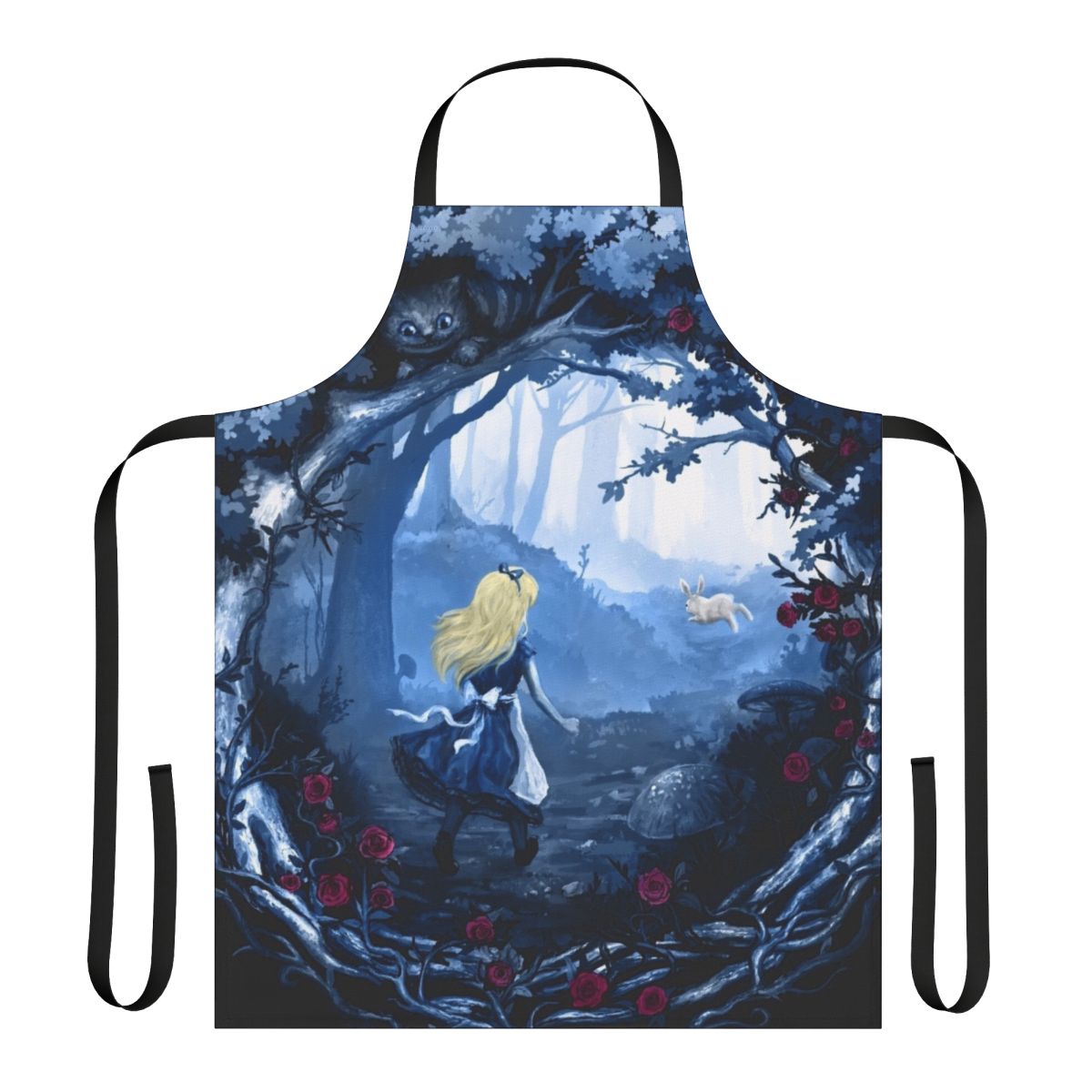 Whimsical apron featuring an Alice in Wonderland inspired design with rabbits, flowers, and enchanted forest elements.