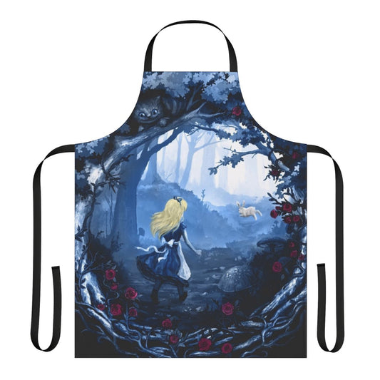 Whimsical apron featuring an Alice in Wonderland inspired design with rabbits, flowers, and enchanted forest elements.