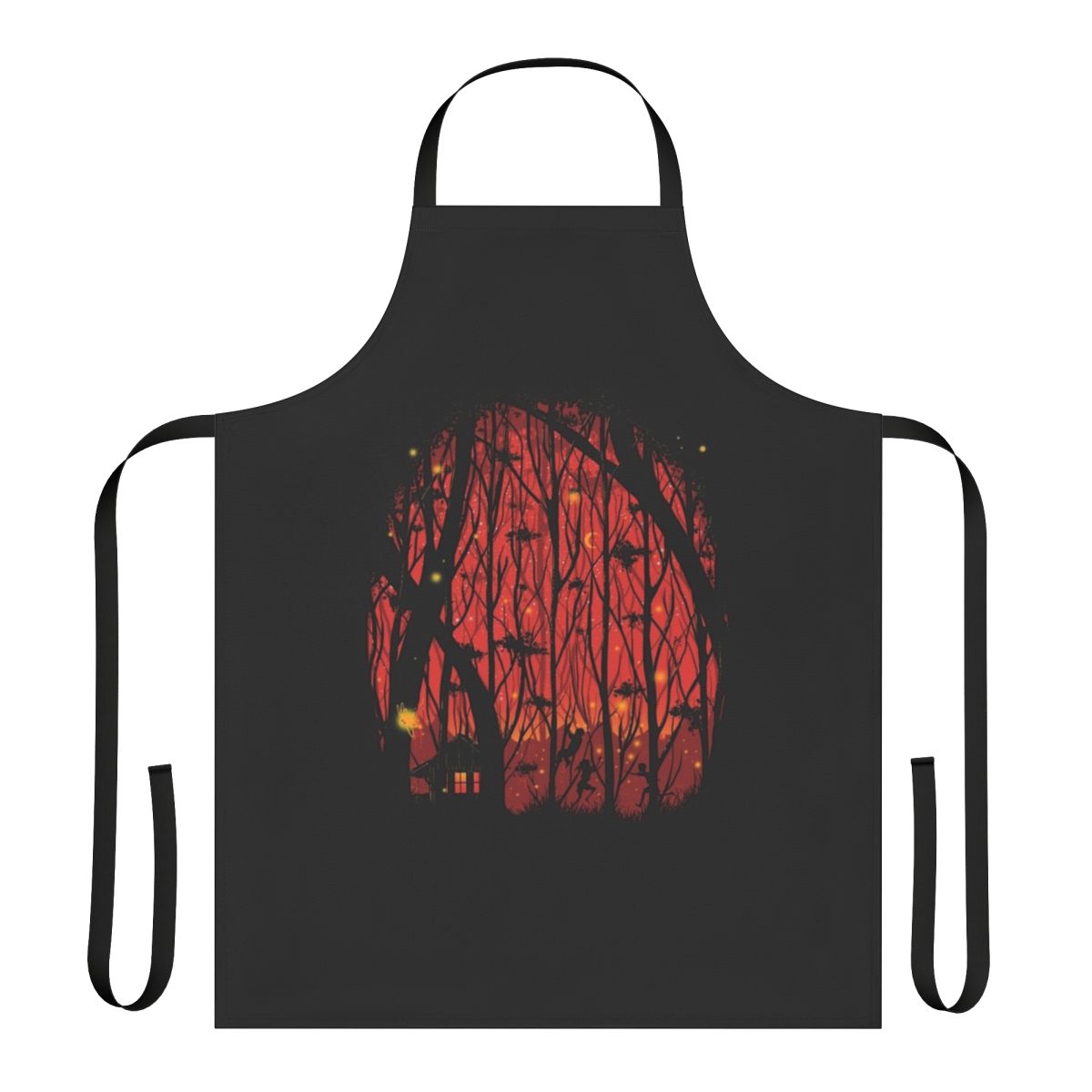 Vibrant apron featuring a firefly-filled forest landscape with a crescent moon and twinkling stars in the night sky