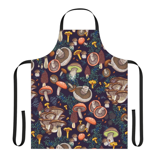 Illustration of dark forest with various mushrooms, moss, and botanical elements on an apron