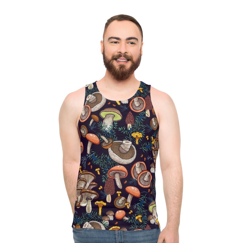 Unisex tank top featuring a forest mushroom design