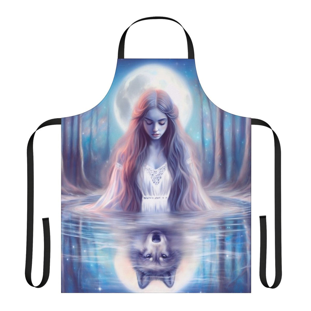 Woman in a magical forest embracing a wolf, wearing a pastel-colored apron.