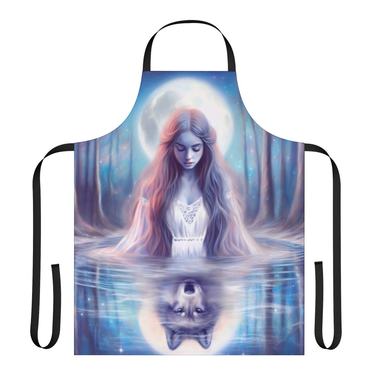 Woman in a magical forest embracing a wolf, wearing a pastel-colored apron.