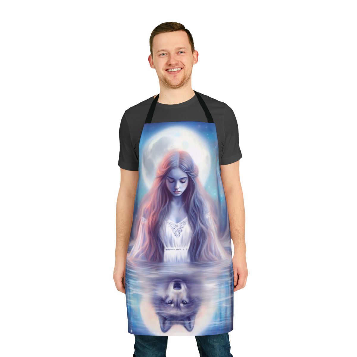 Woman in a magical forest embracing a wolf, wearing a pastel-colored apron.
