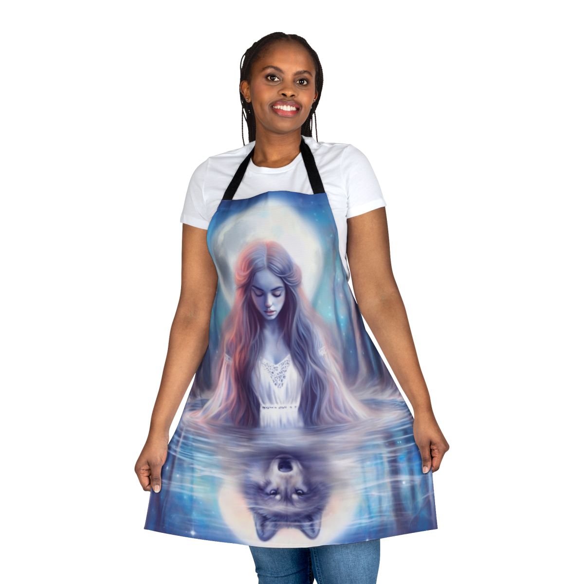 Woman in a magical forest embracing a wolf, wearing a pastel-colored apron.