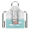 An apron featuring a whimsical forest spirit fox design in shades of blue, red, and white.