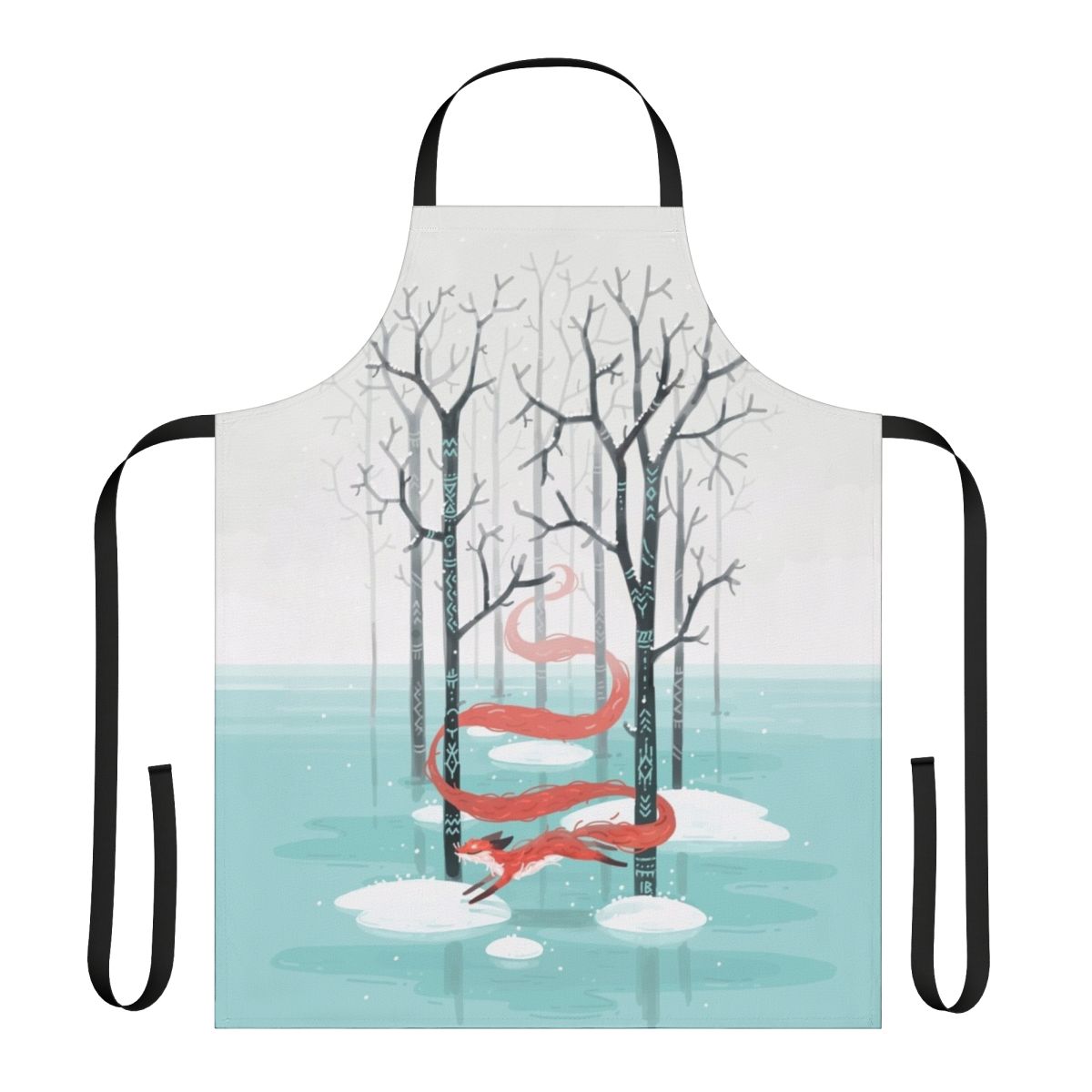 An apron featuring a whimsical forest spirit fox design in shades of blue, red, and white.