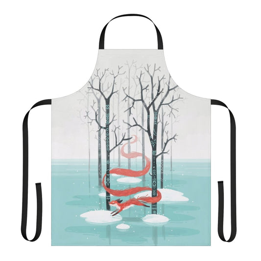 An apron featuring a whimsical forest spirit fox design in shades of blue, red, and white.