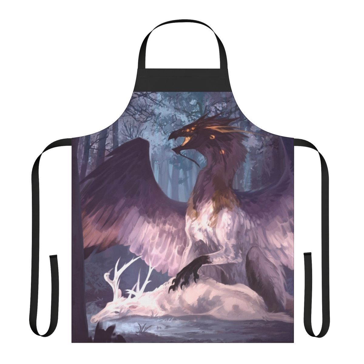 An apron featuring a dark and enchanting fallen angel or forest spirit design with wings, horns, and a haunting, mystical aesthetic.