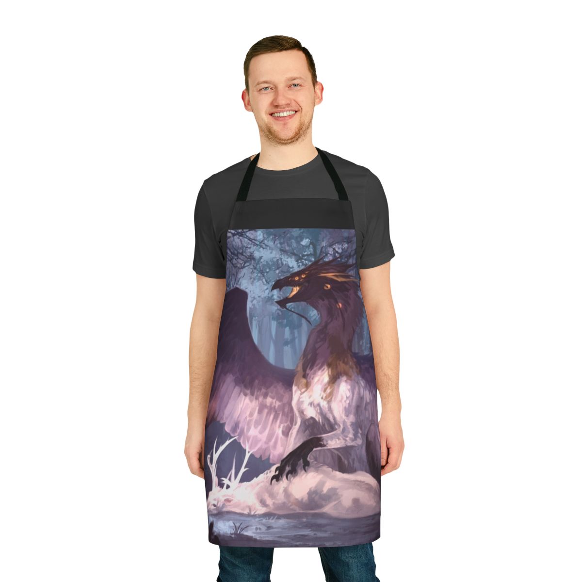 An apron featuring a dark and enchanting fallen angel or forest spirit design with wings, horns, and a haunting, mystical aesthetic.