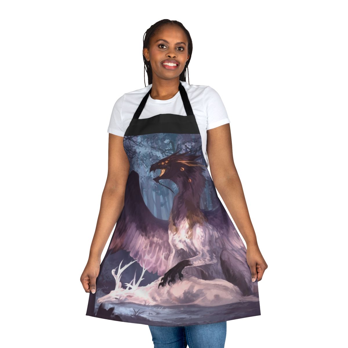 An apron featuring a dark and enchanting fallen angel or forest spirit design with wings, horns, and a haunting, mystical aesthetic.