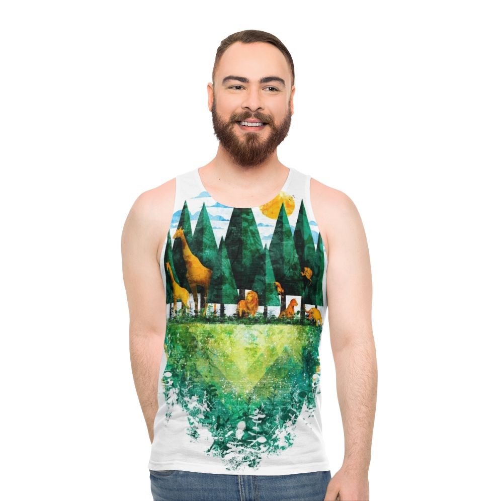Unisex tank top with nature-themed forest and animal print design