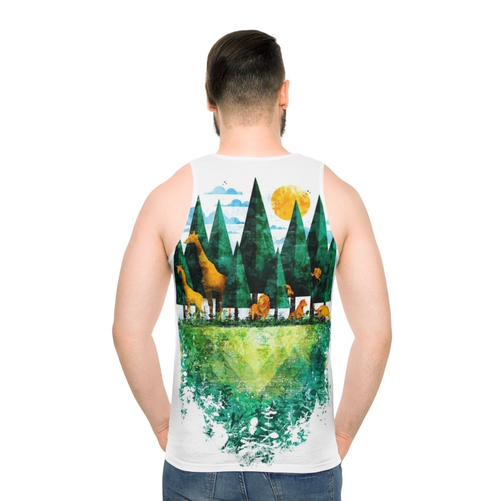 Unisex tank top with nature-themed forest and animal print design