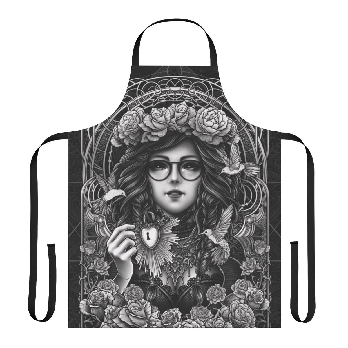 Enchanted gothic apron featuring a surreal occult key design with baroque, Victorian, and punk influences.