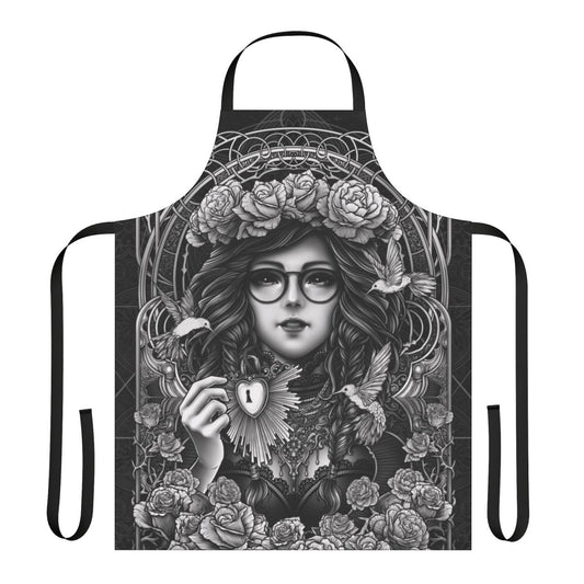 Enchanted gothic apron featuring a surreal occult key design with baroque, Victorian, and punk influences.