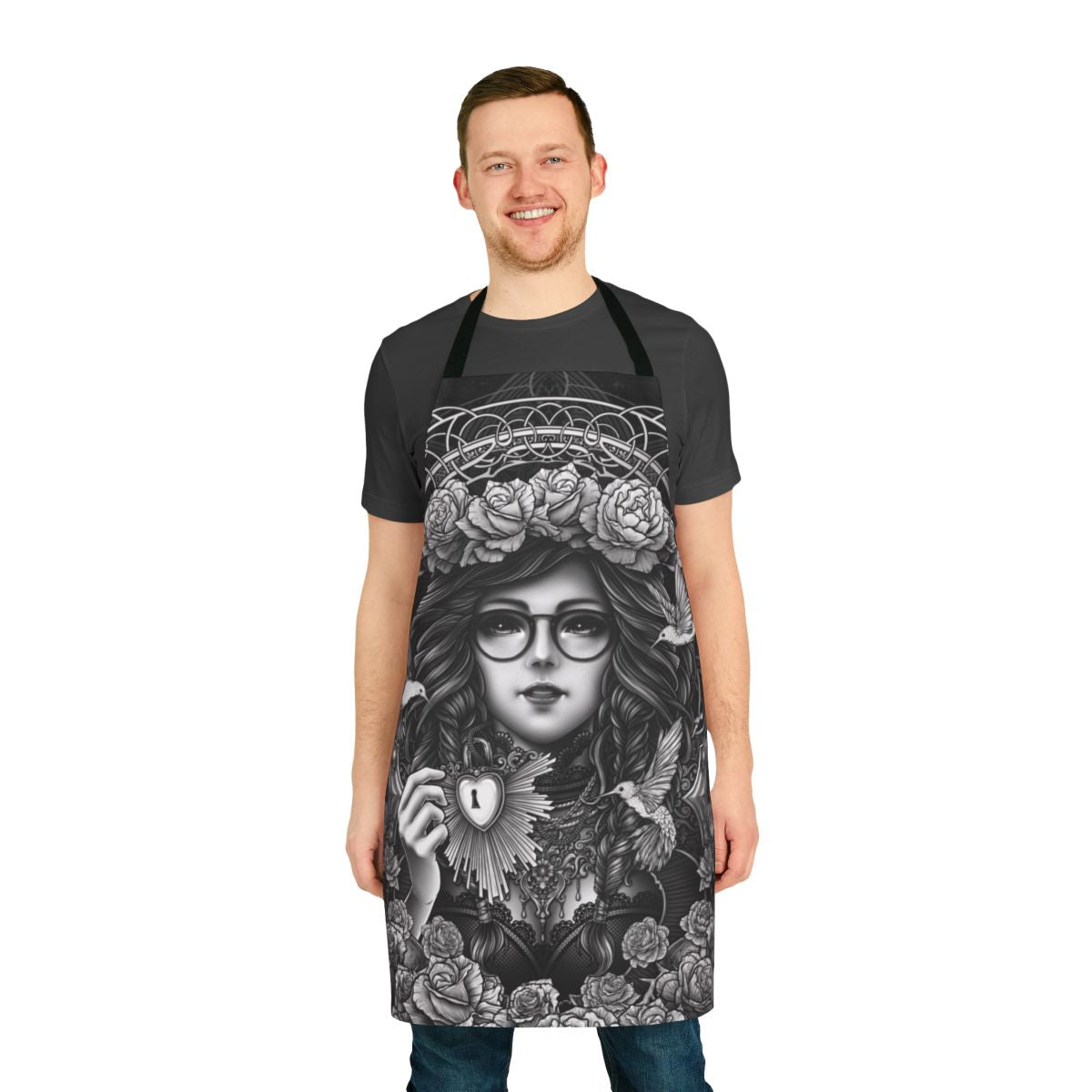 Enchanted gothic apron featuring a surreal occult key design with baroque, Victorian, and punk influences.
