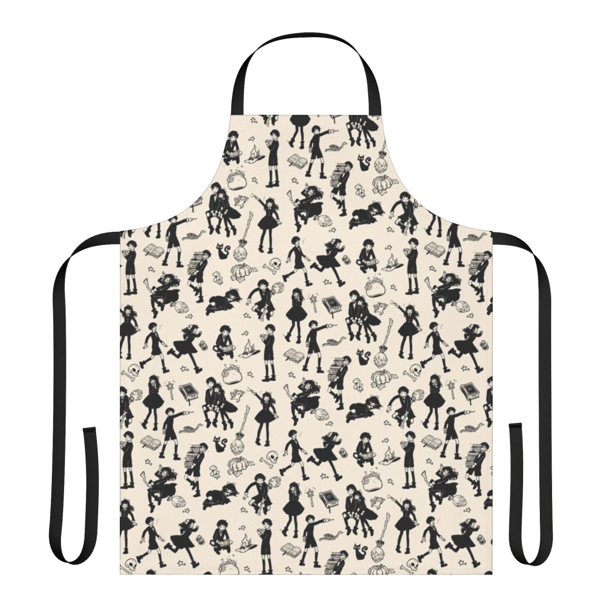 A black and white apron with illustrations of witches, cats, brooms, and other magical elements.