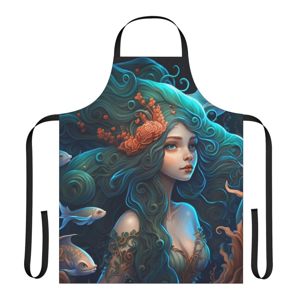 An apron featuring a vibrant illustration of mythical, legendary beasts and fantasy creatures.