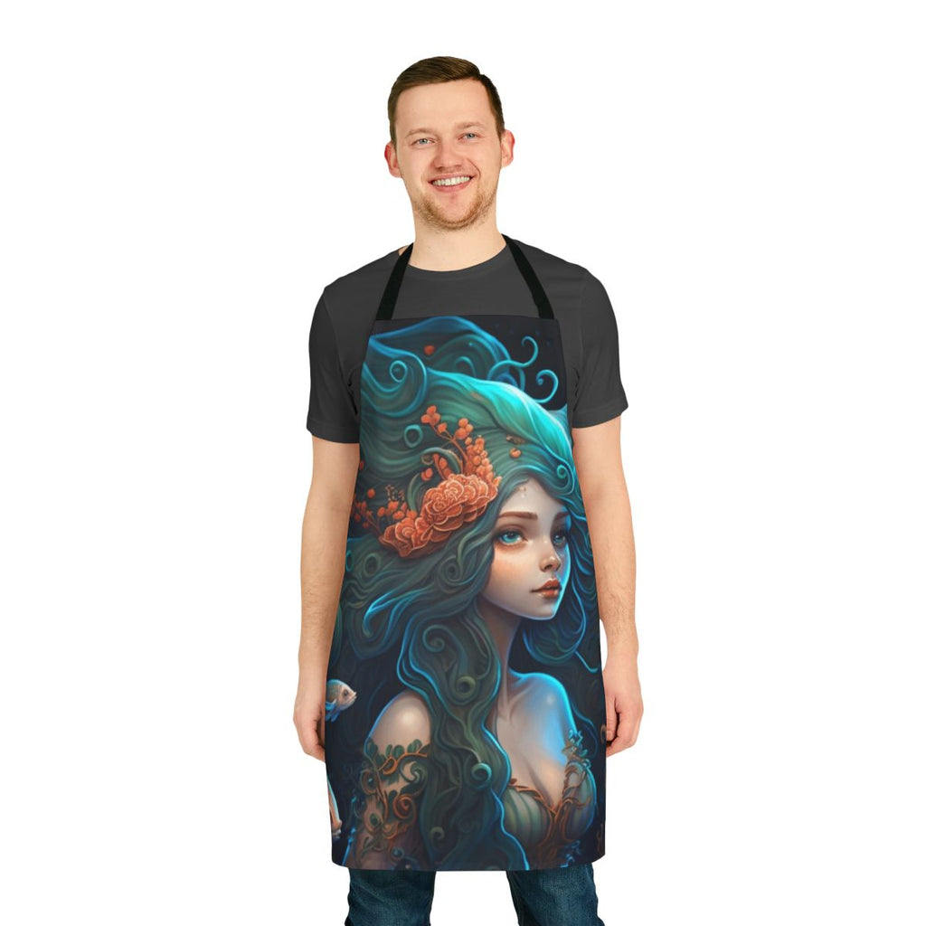 An apron featuring a vibrant illustration of mythical, legendary beasts and fantasy creatures.
