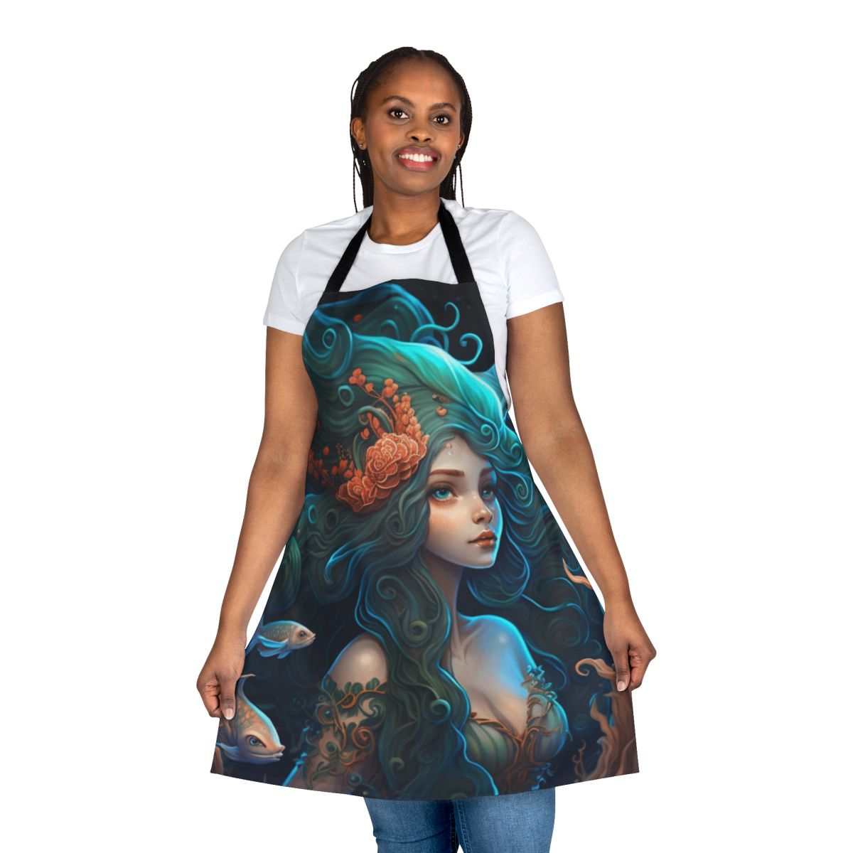 An apron featuring a vibrant illustration of mythical, legendary beasts and fantasy creatures.