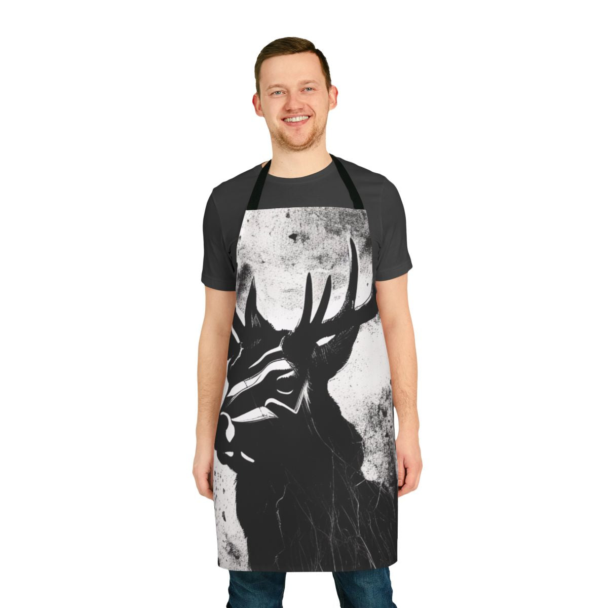 Stag motif apron with floral and nature-inspired design