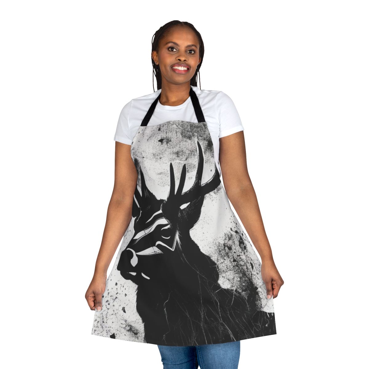 Stag motif apron with floral and nature-inspired design