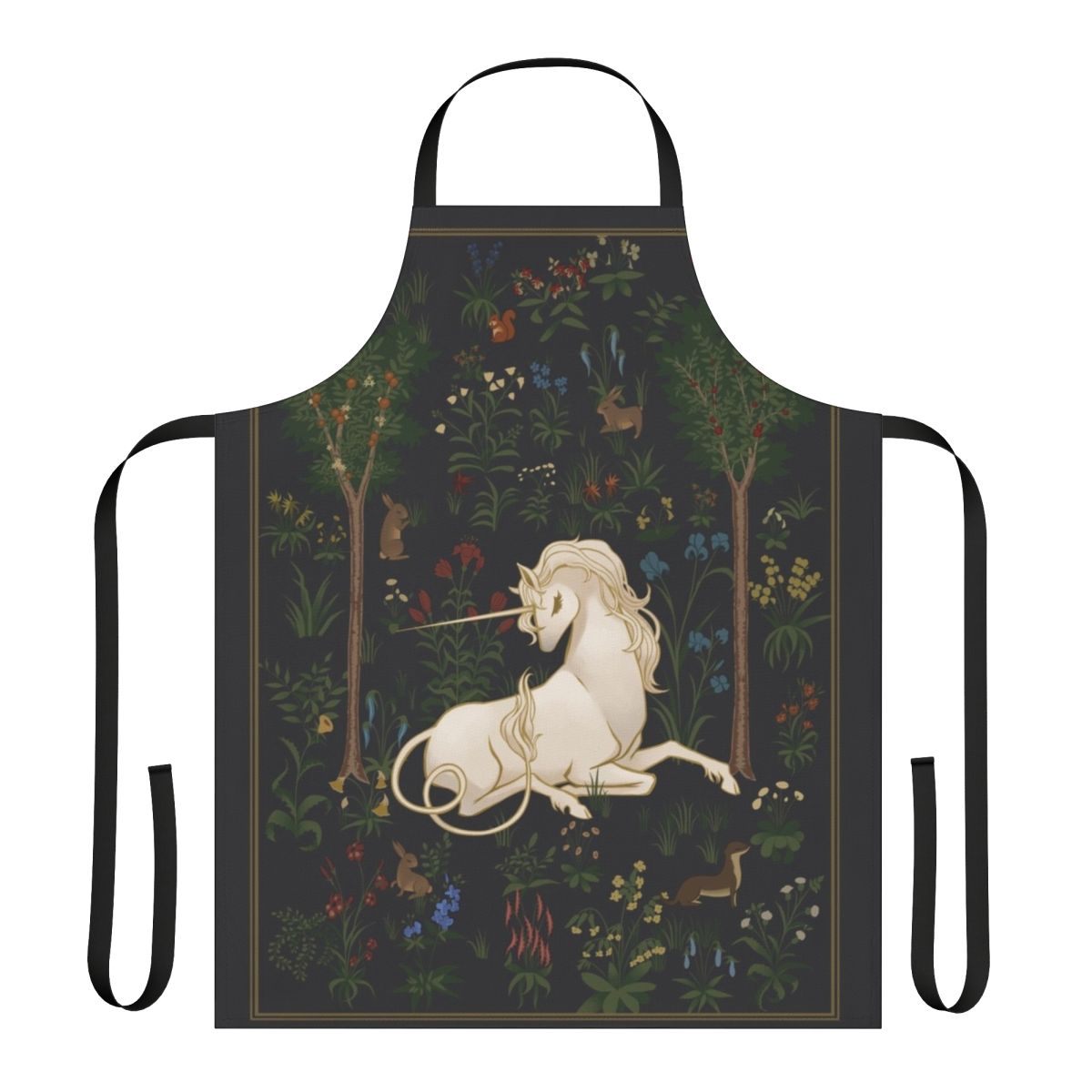 Whimsical apron featuring a magical unicorn in a lush forest setting