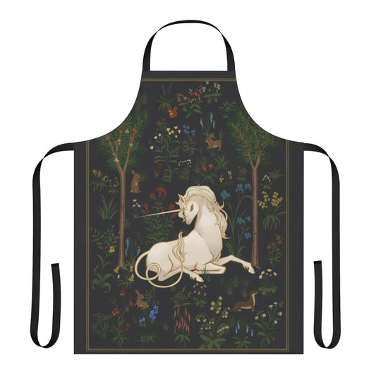 Whimsical apron featuring a magical unicorn in a lush forest setting