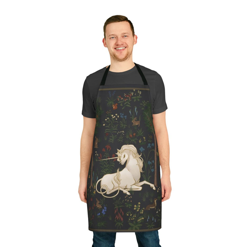 Whimsical apron featuring a magical unicorn in a lush forest setting