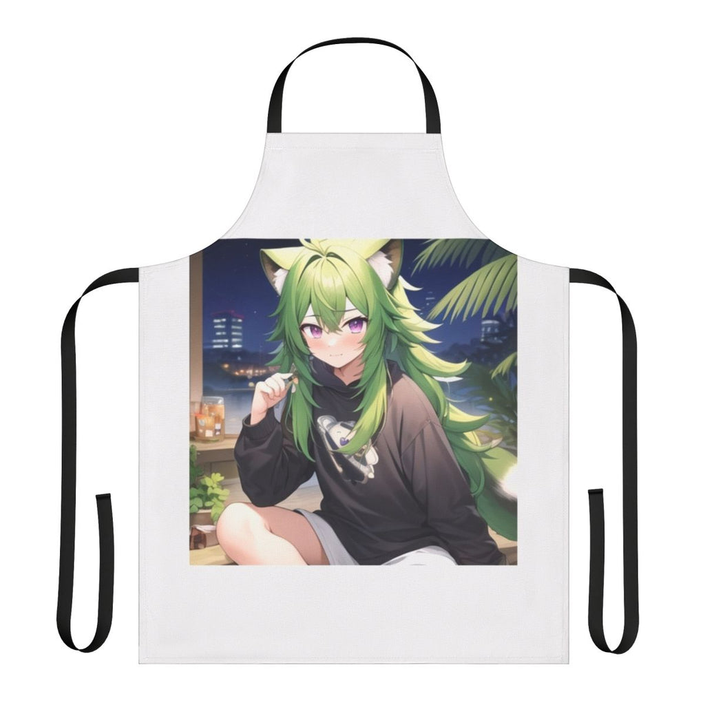 Illustration of a green-haired boy with purple eyes wearing an apron against a night background