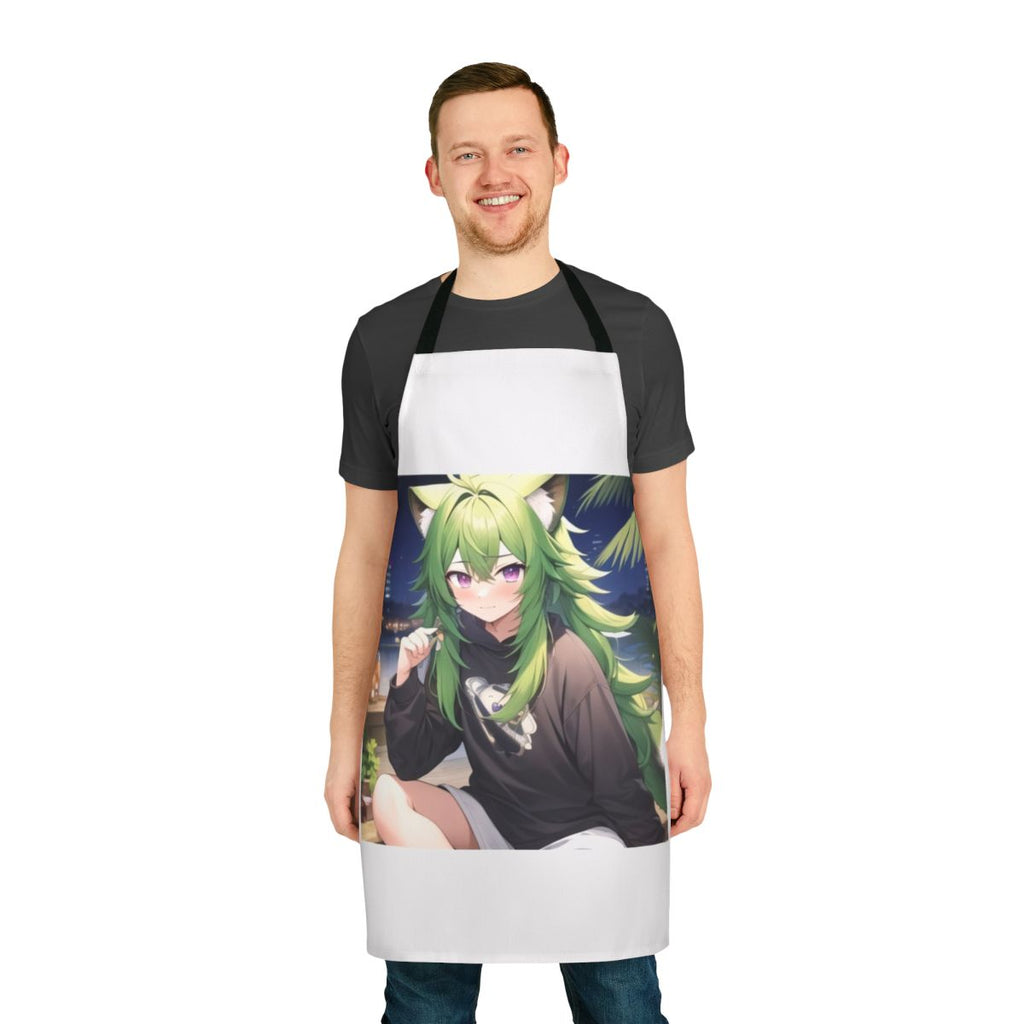 Illustration of a green-haired boy with purple eyes wearing an apron against a night background