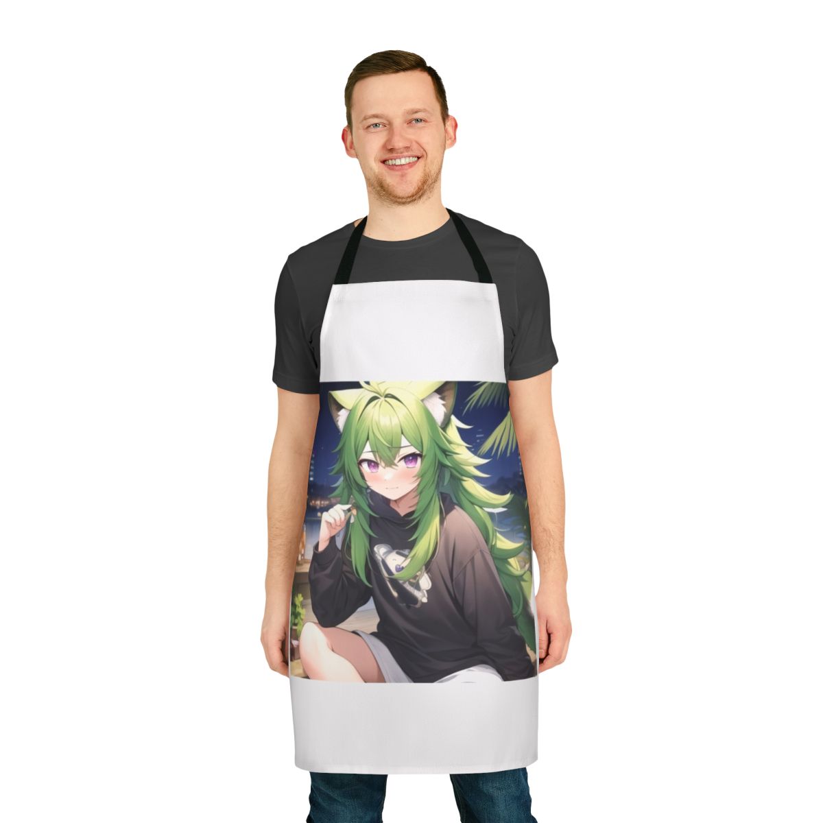 Illustration of a green-haired boy with purple eyes wearing an apron against a night background