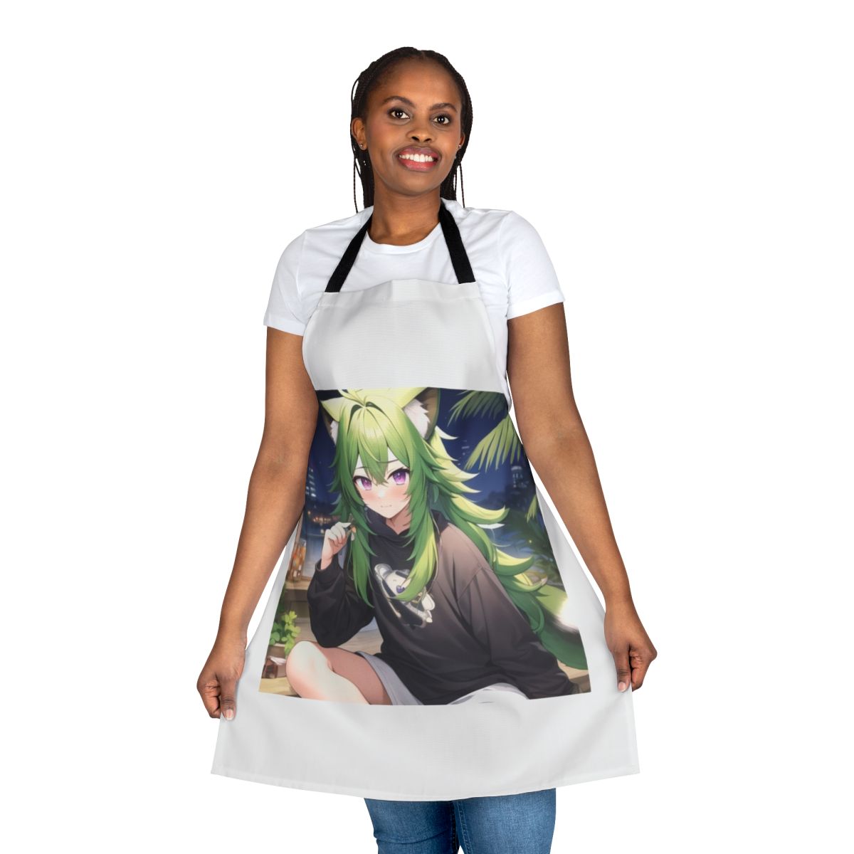 Illustration of a green-haired boy with purple eyes wearing an apron against a night background