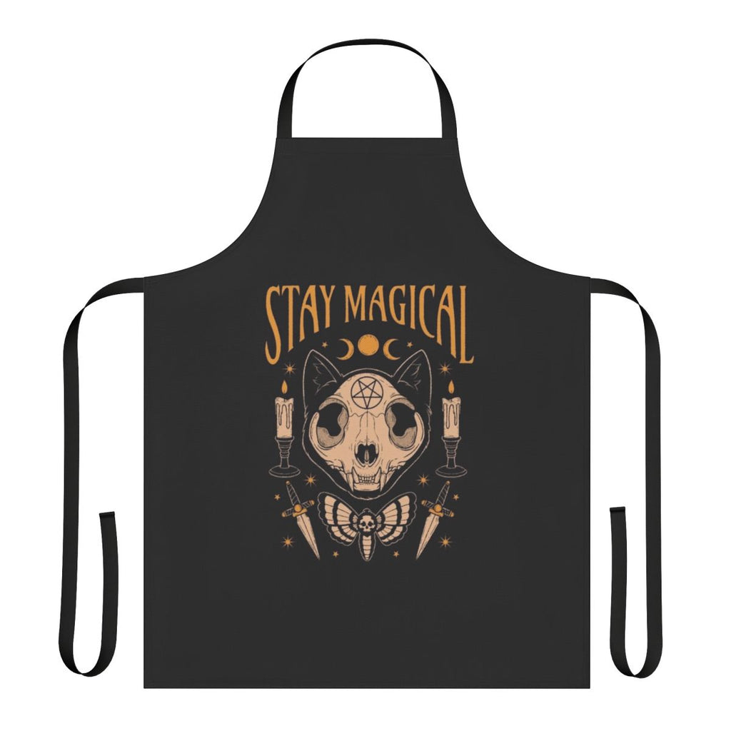 Apron featuring a magical design with a cat skull, moon, and occult symbols