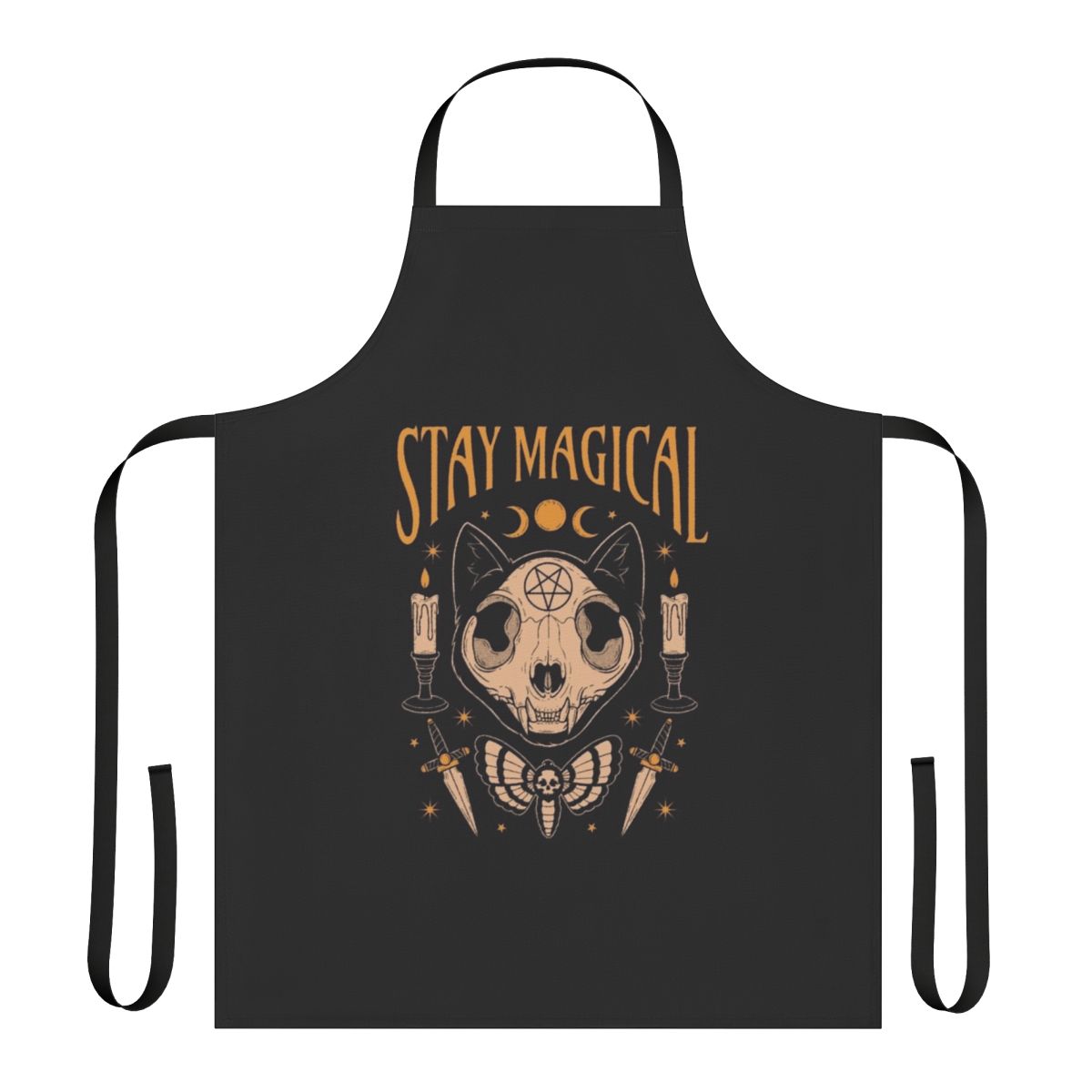 Apron featuring a magical design with a cat skull, moon, and occult symbols