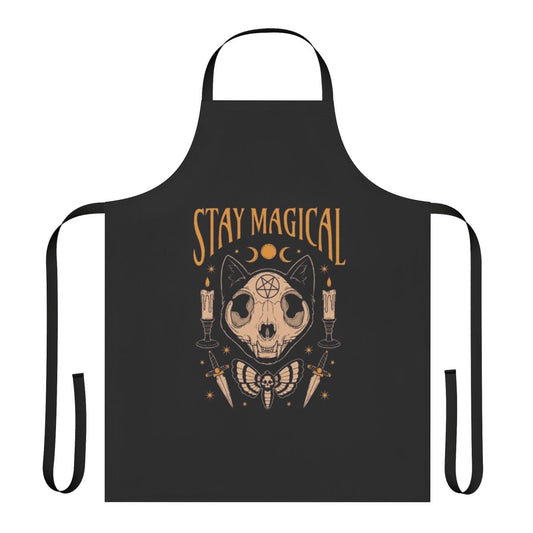 Apron featuring a magical design with a cat skull, moon, and occult symbols