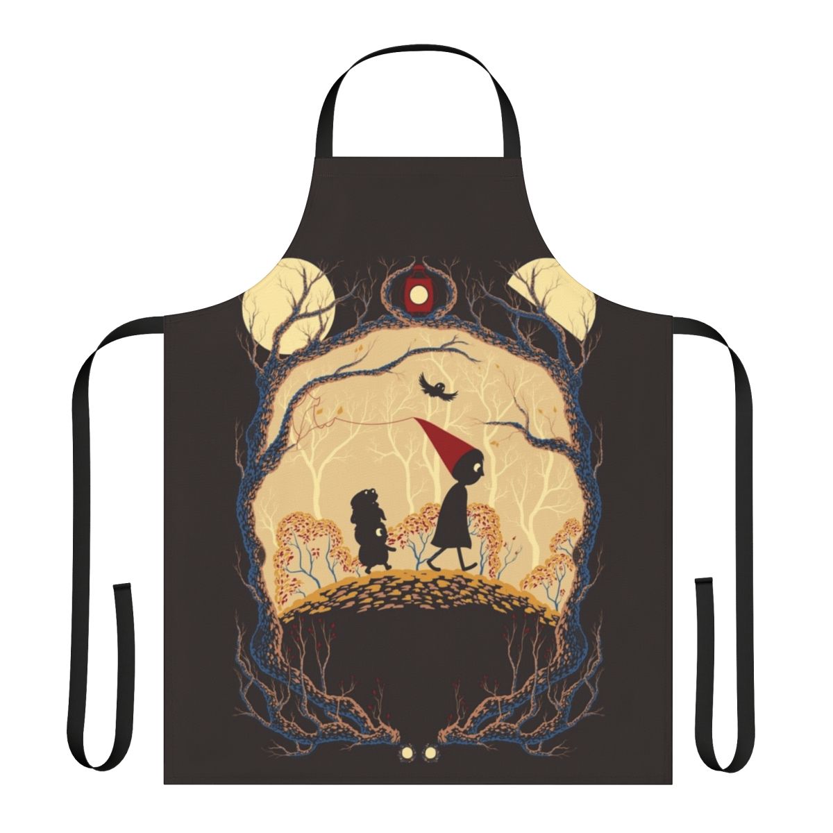 Whimsical apron featuring characters and symbols from the beloved cartoon series 'Over the Garden Wall'
