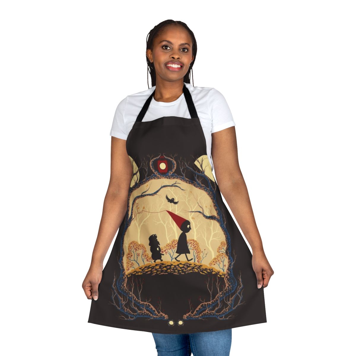 Whimsical apron featuring characters and symbols from the beloved cartoon series 'Over the Garden Wall'