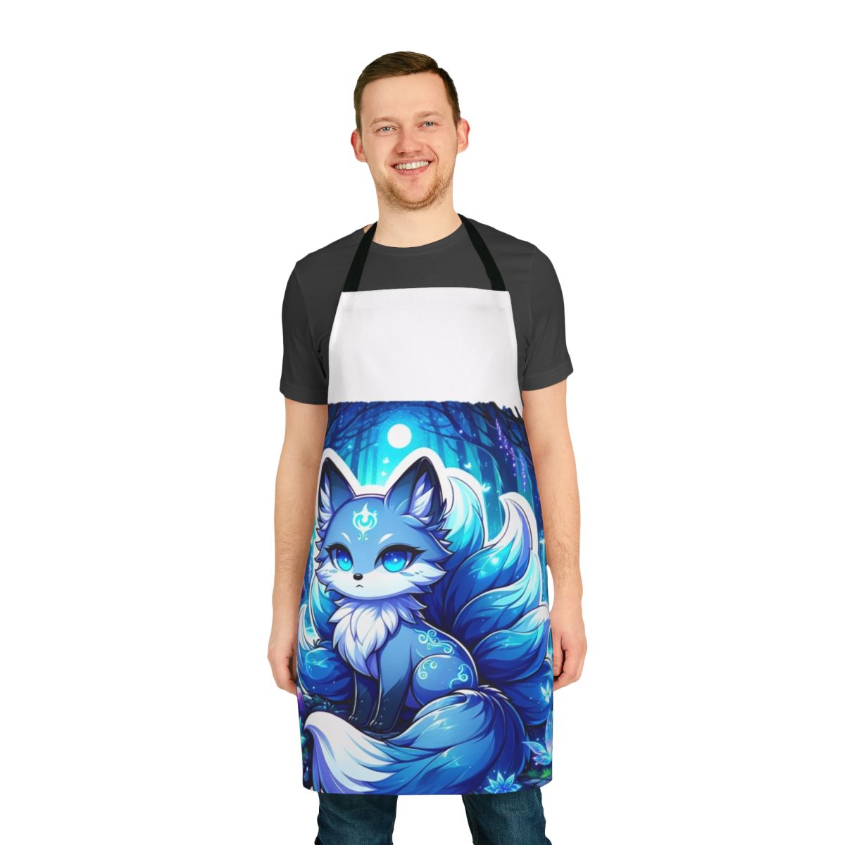 Apron featuring a beautifully detailed azure fox with nine tails, set against a crescent moon background.