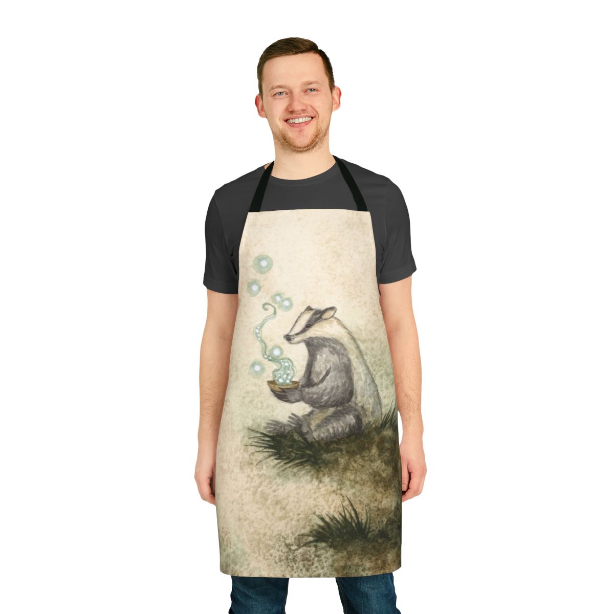 Mystical badger-themed apron with fantasy art design